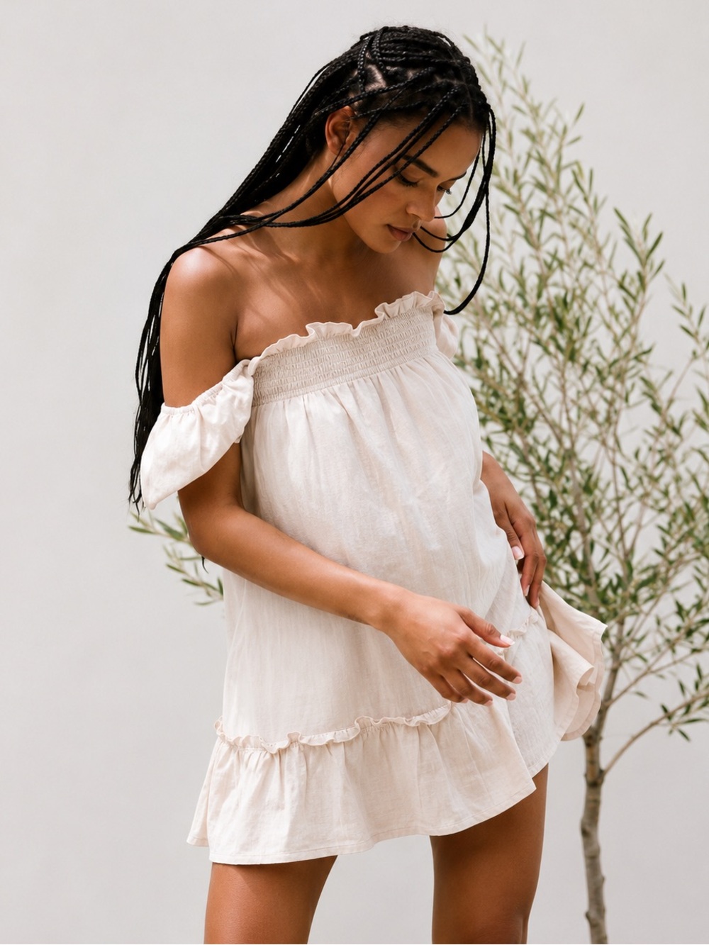 SABO SKIRT Ranetta Linen Blend Mini Dress Size 4 Beige Off Shoulder Babydoll - Picture 2 of 11